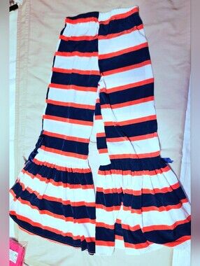 Girls Size 10-12 Mia Belle Striped Ruffle Bell Bottom Pants - Navy, White & Pink